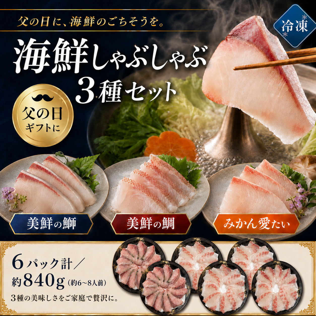 父の日 ギフト 海鮮 ぶり たい しゃぶしゃぶ セット 6パック計／840g (6〜8人前) 3種食べ比べ 刺身 お取り寄せ 贈り物 美鮮の鰤 美鮮の鯛 みかん愛たい スライス 冷凍便 【No.47】